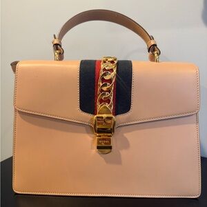 Gucci Beige Chain Link Sylvie Medium Top Handle and Shoulder Bag